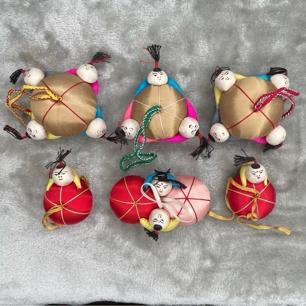 Vintage Silk Chinese Sumo Wrestler Ornament Set 6ct Handmade Holiday Decor